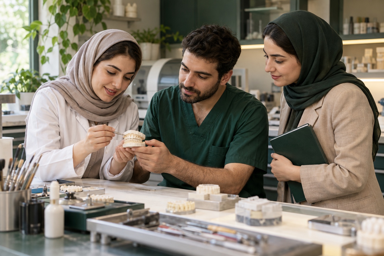 تصویر مفهومی همکاری دندان‌پزشک، تکنسین لابراتوار و هماهنگ‌کنندهٔ کلینیک